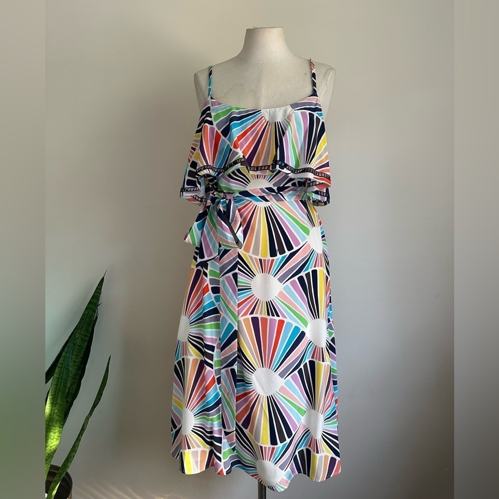 Trina Turk SILK BELTED Ruffle Retro Lined MIDI Dress sz Medium - Picture 3 of 9
